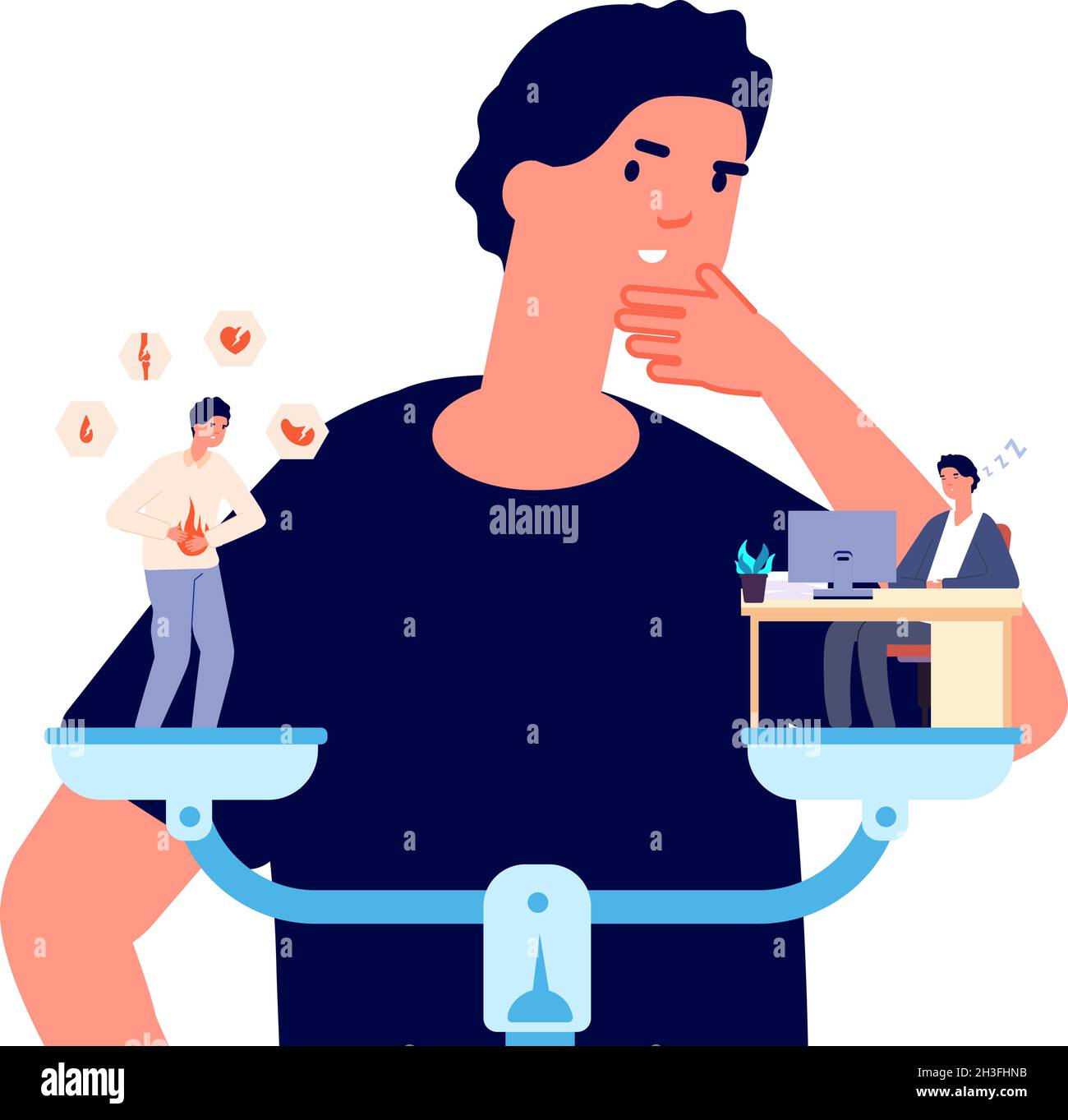 L'uomo sceglie tra salute e duro lavoro. Il ragazzo pensa e fa le scelte, burnout al lavoro o ai problemi del corpo concetto vettoriale Illustrazione Vettoriale