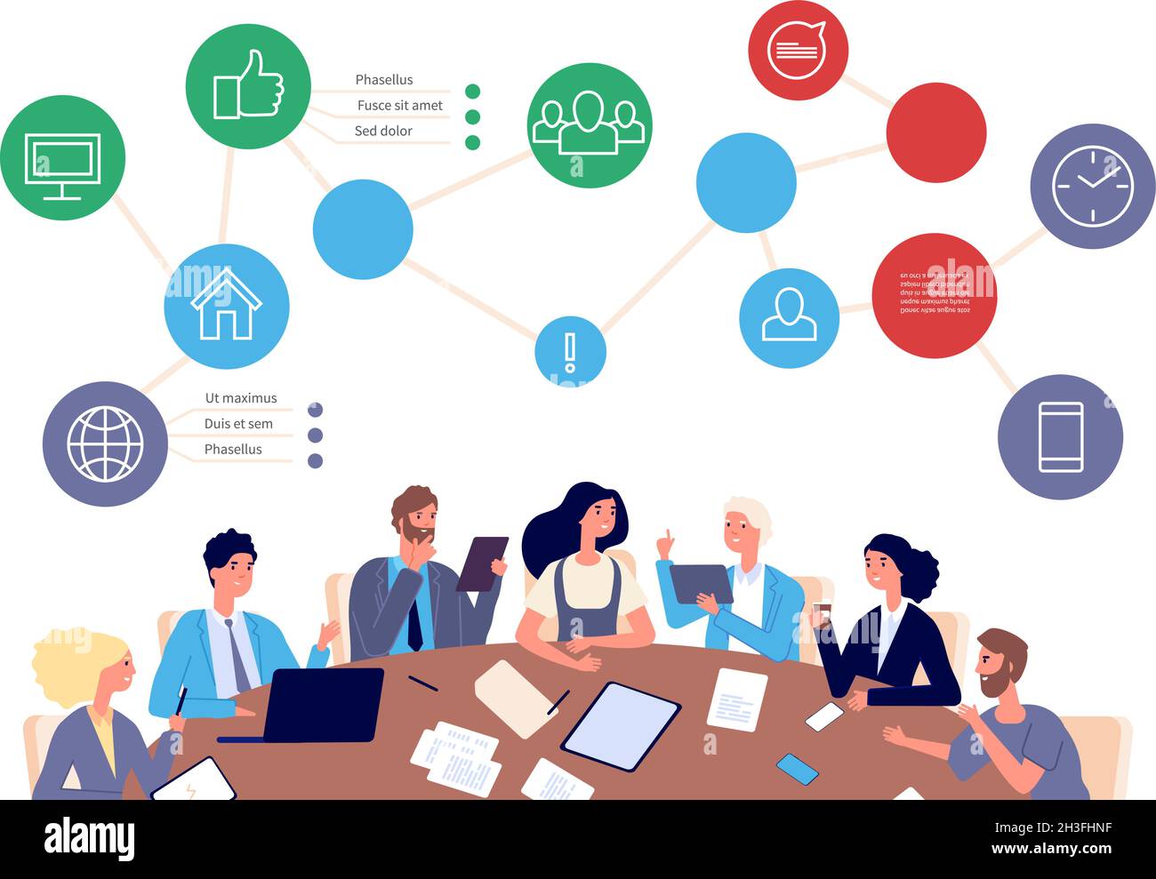Discussione tra le persone. Pianificazione aziendale, collaborazione o lavoro di squadra. Mente lavoro, sviluppo aziendale prospetti concetto vettoriale Illustrazione Vettoriale