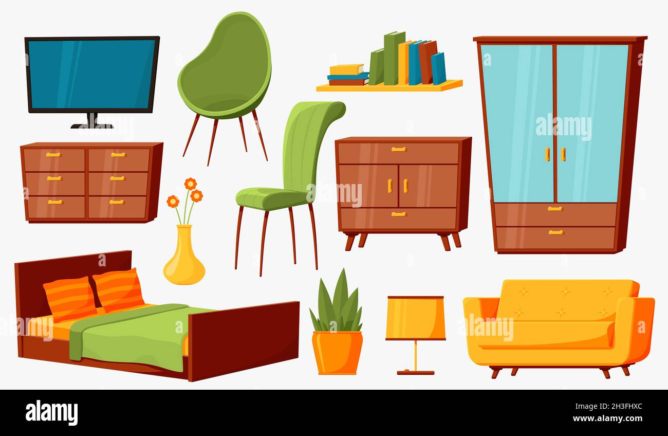 Mobili per la casa. Mobili alla moda isolati, arredamento interno camera ufficio. Sedia, divano e tavolo elegante, appartamento moderno casa accessorio recentissimo vettore set Illustrazione Vettoriale