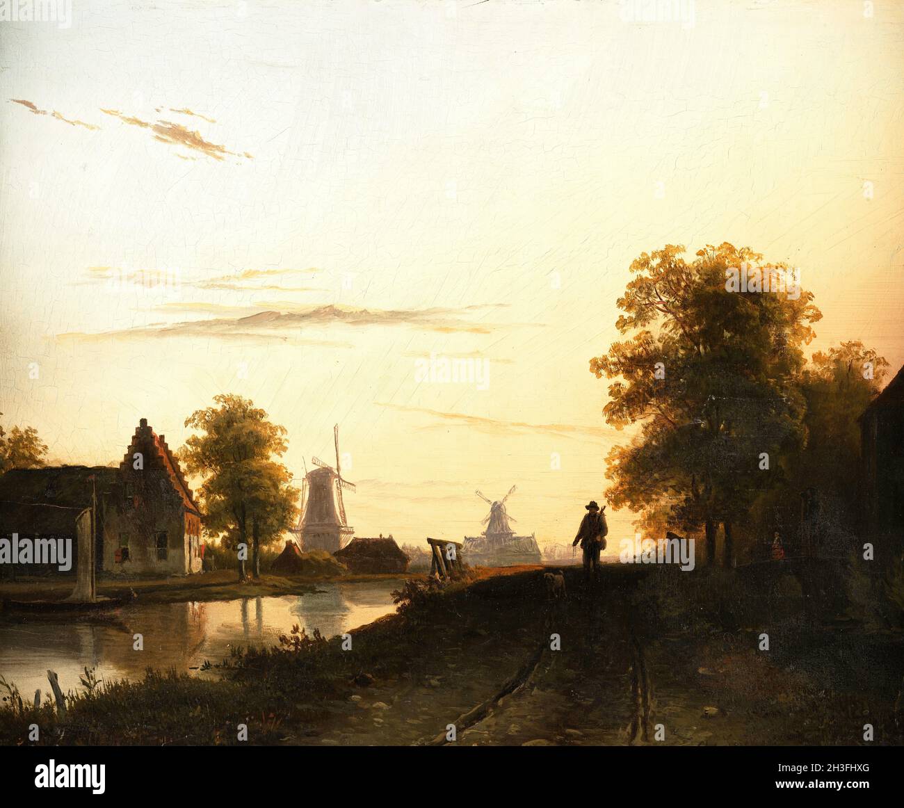 Dutch River Landscape in Evening Light dell'artista belga Charles Leickert (1816-1907), olio su pannello Foto Stock