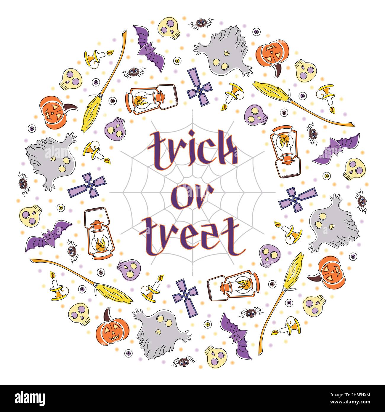 Brillante linea arte circolare corona di simboli di Halloween e trucco o trattare Illustrazione Vettoriale