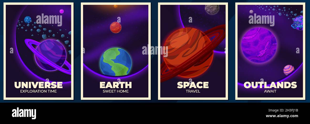 Banner pianeti. Poster dello spazio, copertina della rivista con galassia o universo. Esplorazioni future, cartoon Planet e asteroide recente opuscolo vettoriale Illustrazione Vettoriale