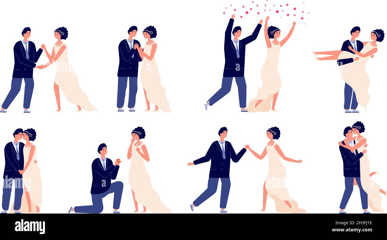 Sposi e sposi. Coppia di nozze, fidanzamento o matrimonio. Celebrazioni del Mer, uomo cartoon donna danza in amore e bacio utter personaggi vettoriali Illustrazione Vettoriale