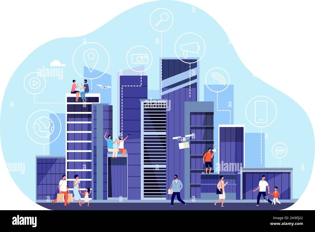Concetto di città intelligente. Centro di comunicazione internet, uffici urbani. Persone che camminano, nuova infrastruttura digitale concetto di vettore assoluto Illustrazione Vettoriale