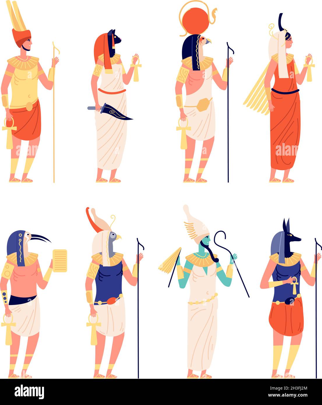 Personaggi egiziani. Dio egizio antico, dea della cultura antica. Statue Osiride horus anubis, cartoni animati storici simboli utter collezione vettoriale Illustrazione Vettoriale
