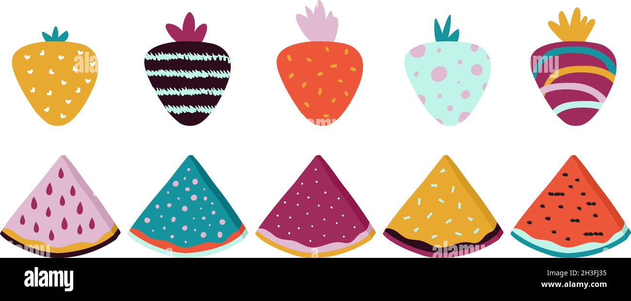 Frutta alla moda. Dodle stract cocomero fragola con texture. Cibo contemporaneo isolato, elementi vettoriali in stile scandinavo luminoso Illustrazione Vettoriale