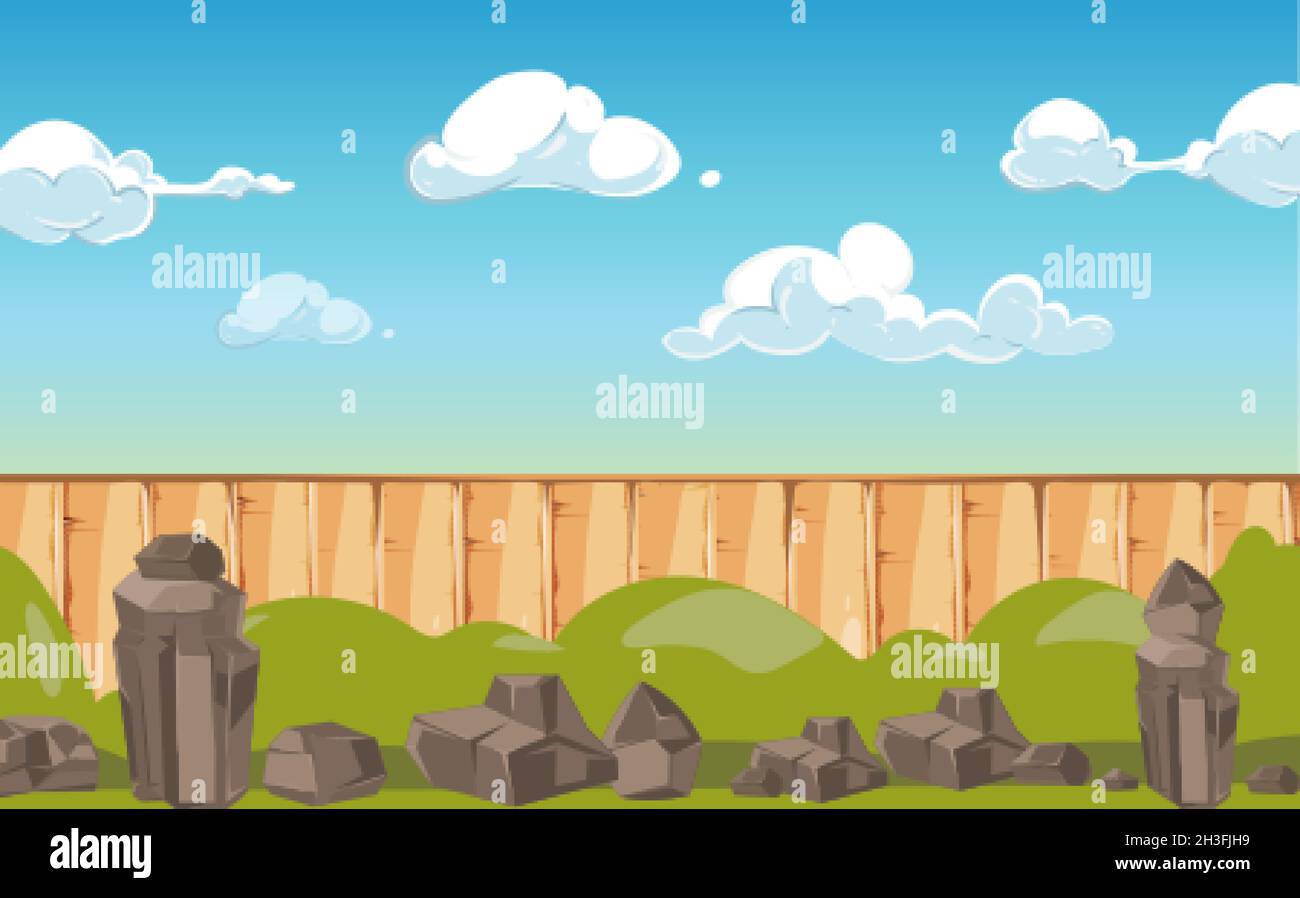 Banner paesaggio cartoon. Sfondo paese o villaggio, pietre recinzione in legno e cielo blu nuvoloso illustrazione vettoriale Illustrazione Vettoriale