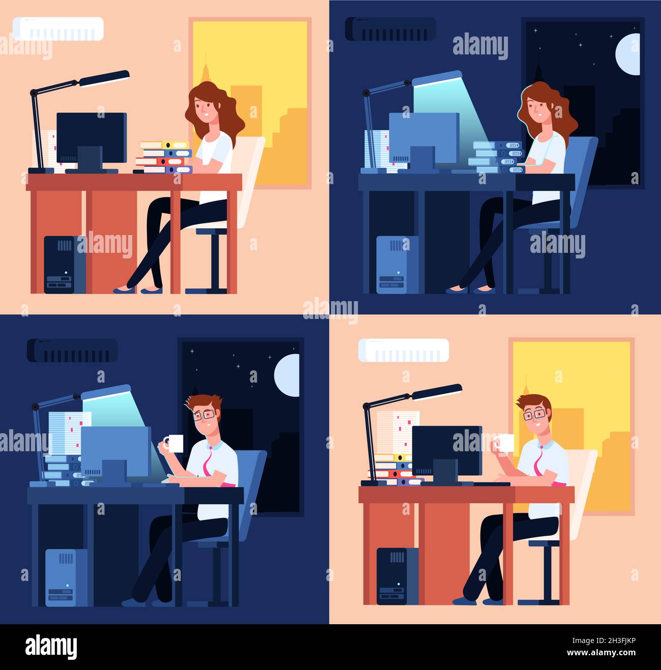 Lavoro diurno notturno. Lavoro in ufficio in ritardo, lavoro straordinario uomo donna. I dipendenti stanchi piatti, il lavoro non stop remoto al concetto di vettore utter computer Illustrazione Vettoriale