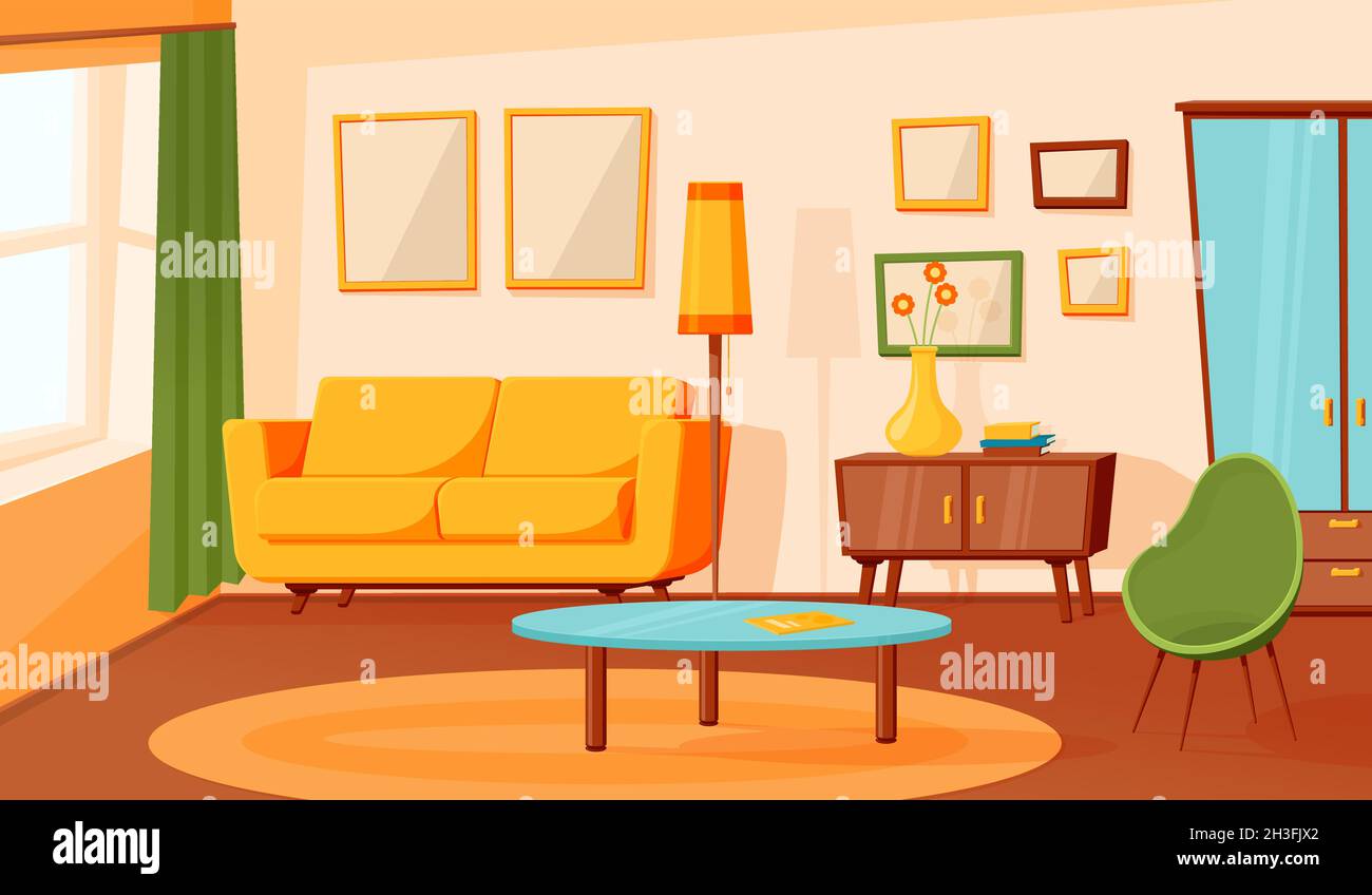 Interni del soggiorno Cartoon. Divano piatto vuoto, area interna di design. Moderno atrio con moquette, salotto sfondo vettoriale recente Illustrazione Vettoriale