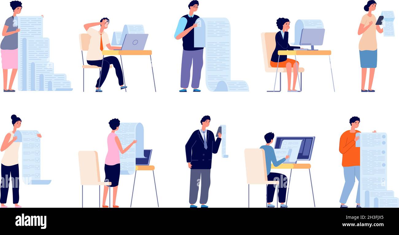 Persone con documenti. Gestore cartoni animati, file checklist o modulo di pagamento cartaceo. Riempire il documento di lavoro o l'applicazione, la persona tiene i fogli del vettore del dispositivo di taglio Illustrazione Vettoriale