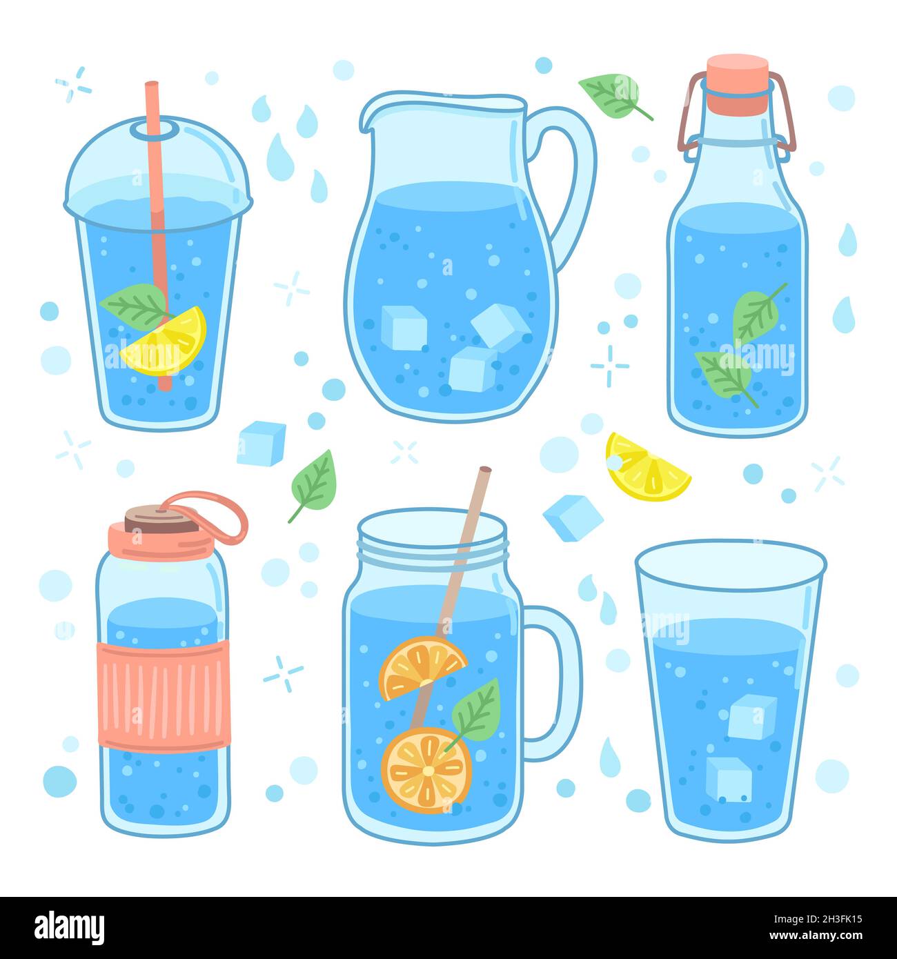 Concetto di acqua potabile. Più bere, tazza in bottiglia di vetro e tazza. Sano stile di vita alla moda, zero sprechi e thermos in plastica riutilizzabili Exact Vector Set Illustrazione Vettoriale