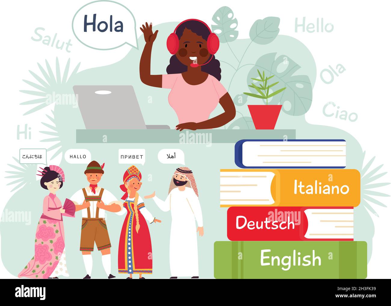 Apprendimento della lingua straniera. Mobile Learn, contatti su inglese tedesco. Amici conversazione, dizionario di studio o la gente dicono ciao concetto vettoriale decente Illustrazione Vettoriale