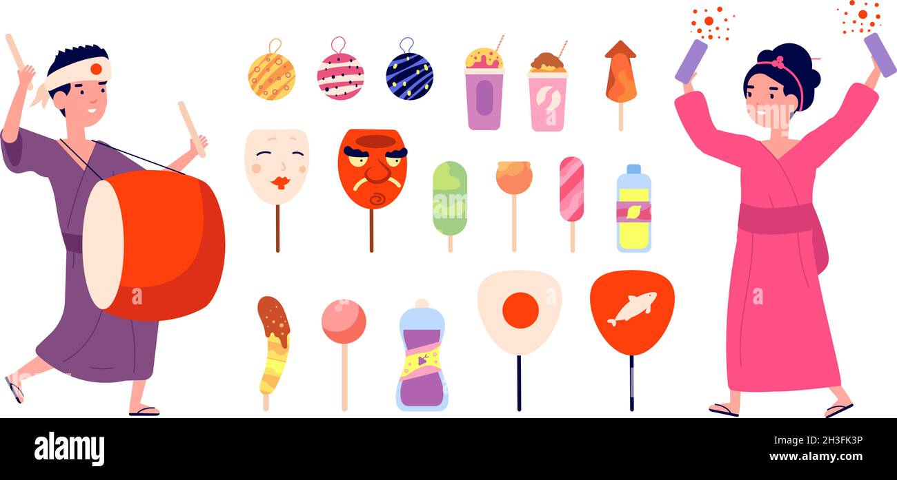 Elementi del festival giapponese. Giappone simboli, carino bambini indossare kimono. Estate ragazzo ragazza in yukata, viaggio e vacanza cibo asiatico, maschere utter vettore set Illustrazione Vettoriale