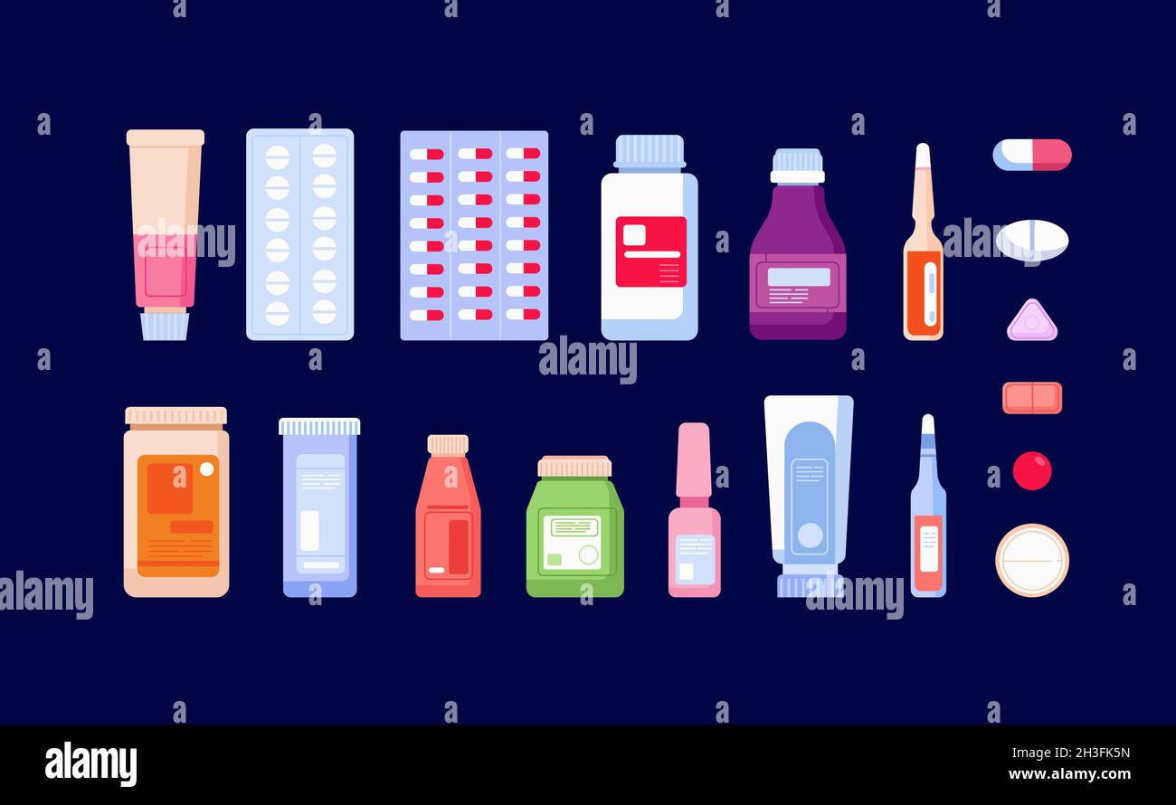 Farmaci farmaceutici. Flacone di farmacia, farmaco medicinale e pillole. Cartoon piatto antidolorifico, farmacia iniezioni antibiotico utter icone vettoriali Illustrazione Vettoriale