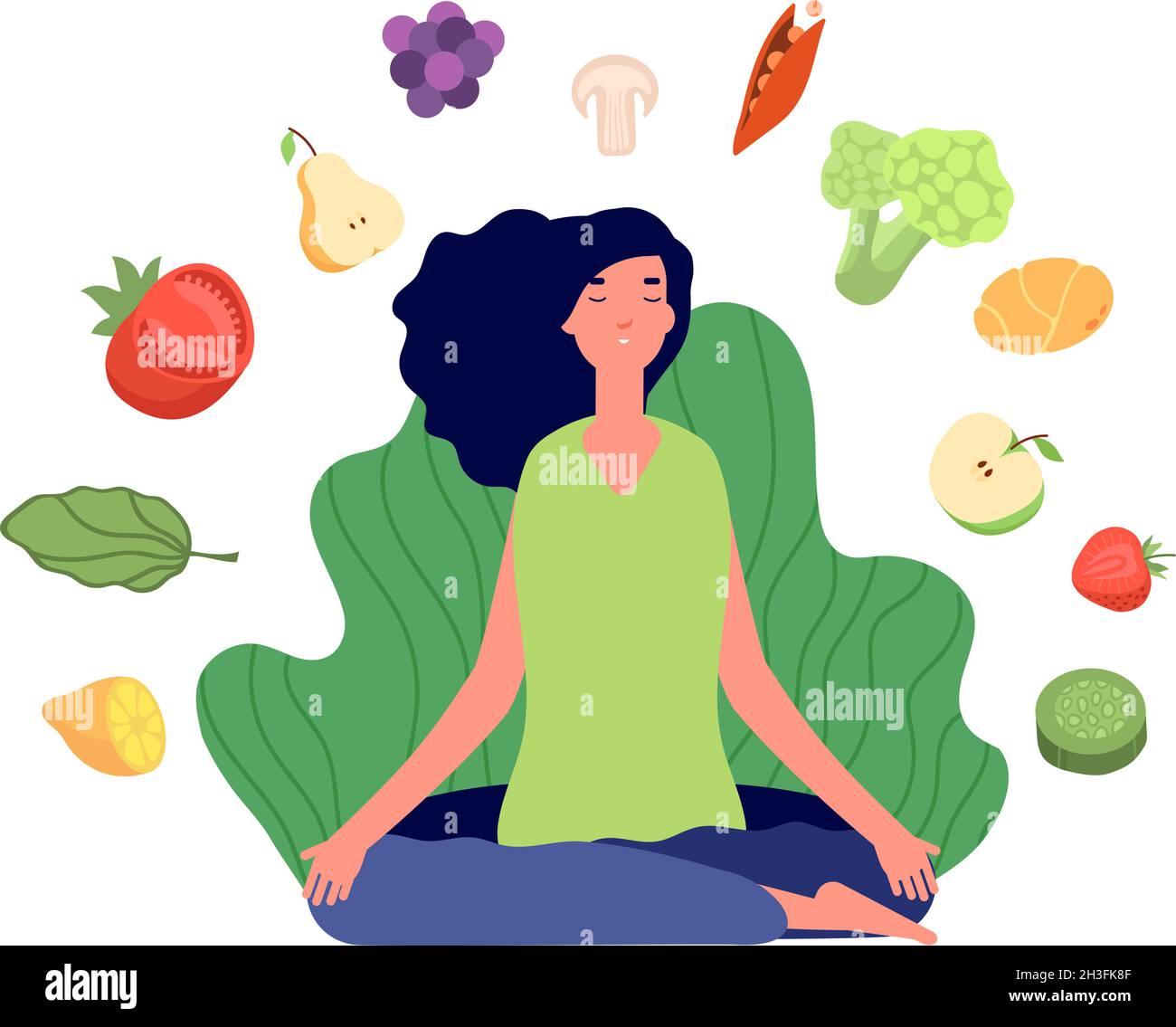 Carattere vegetariano femminile. Meditazione giovane donna, prodotti ecologici o cibo sano. Stile di vita vegano verde, verdure e frutta concetto vettoriale Illustrazione Vettoriale