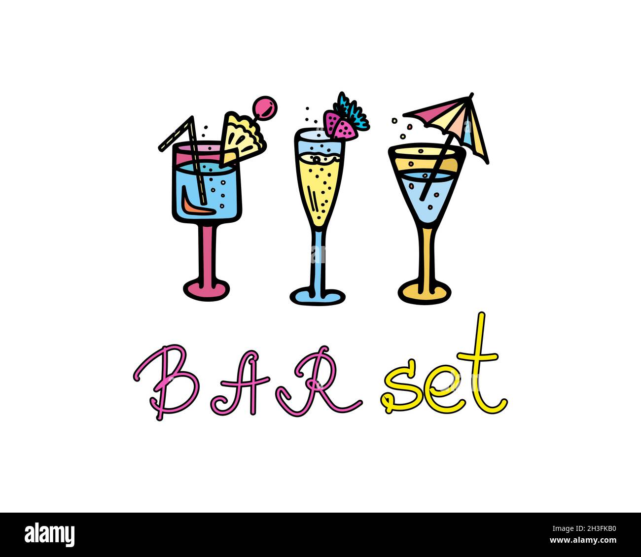 Set di illustrazioni vettoriali a colori di bicchieri di cocktail con bolle, ananas, ombrello e bacche. Set di barre per lettere. Illustrazione Vettoriale