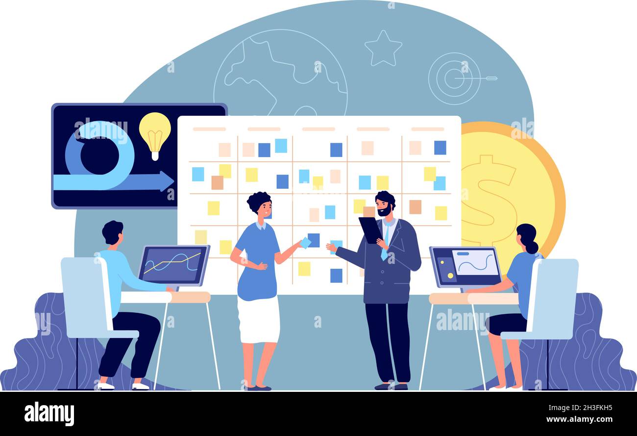 Progetto di sviluppo agile. Gestione aziendale, brainstorming e task board. Metodologia di lavoro della mischia aziendale, concetto vettoriale del team d'ufficio Illustrazione Vettoriale
