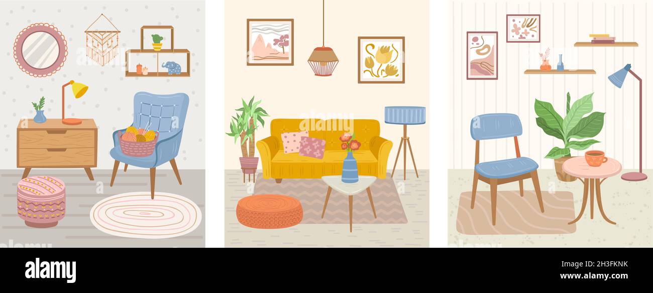 Interni scandinavi. Scheda igge, immagine di dicembre scandi. Poster camera accogliente, arredamento carino candela tavolo. Trendy relax casa Exact vettore banner Illustrazione Vettoriale