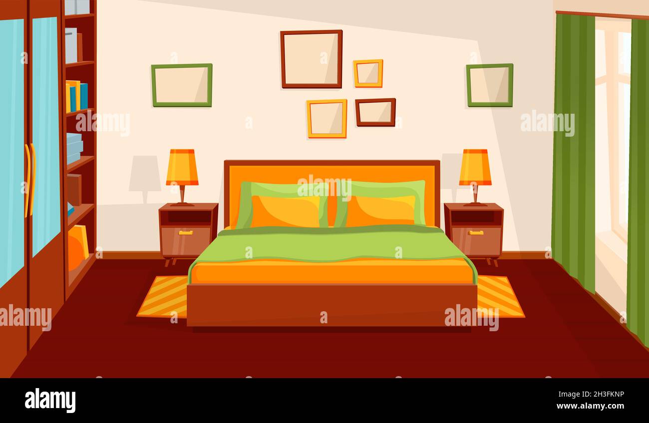 Accogliente camera da letto interna. Camera comfort, appartamento a cartoni animati con finestra. Mobili da sonno, moderno tavolo da letto specchio recente illustrazione vettoriale Illustrazione Vettoriale