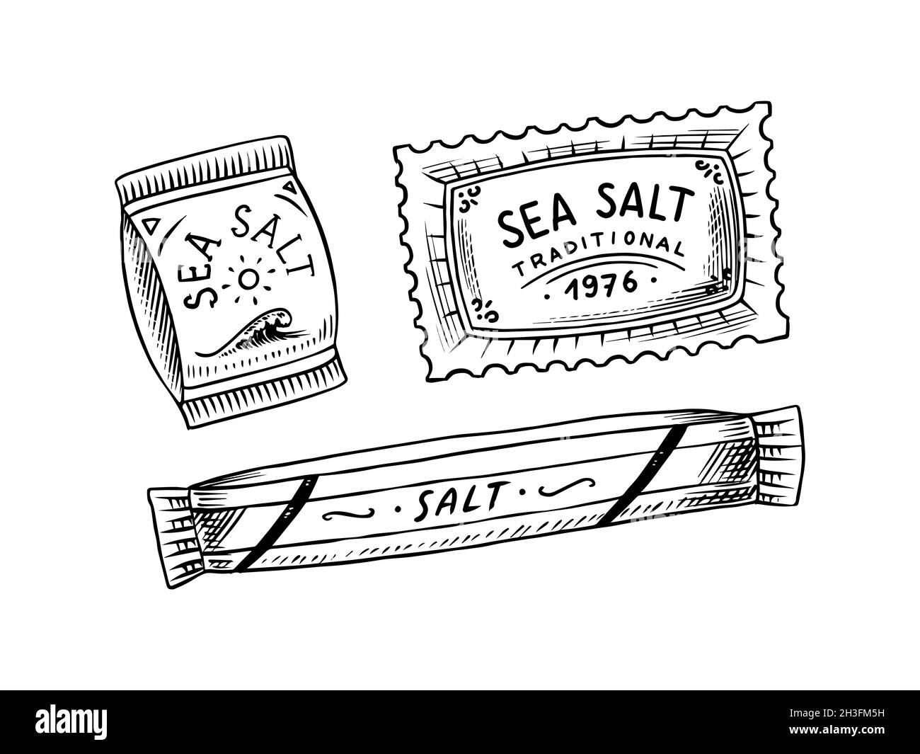 Sale marino nella confezione. Spice avvolto in boxe naturale. Aromatizzante o salino. Banner vintage background. Vecchio schizzo inciso a mano. Illustrazione Vettoriale