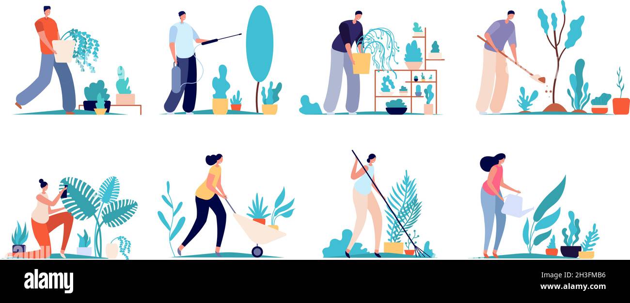 Le persone lavorano in giardino. Botanisti di fattoria, personaggi del giardinaggio naturale. Lavoro agricolo piatto, fiorista cura fiori utter vettore set Illustrazione Vettoriale