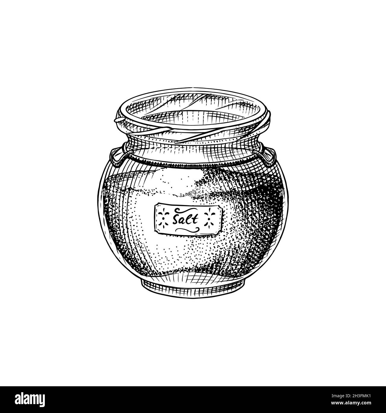 Sale marino in un vaso di vetro. Mucchi di semi nella ciotola. Spezia in imballaggi naturali. Aromatizzante o salino. Banner vintage background. Inciso disegnato a mano Illustrazione Vettoriale