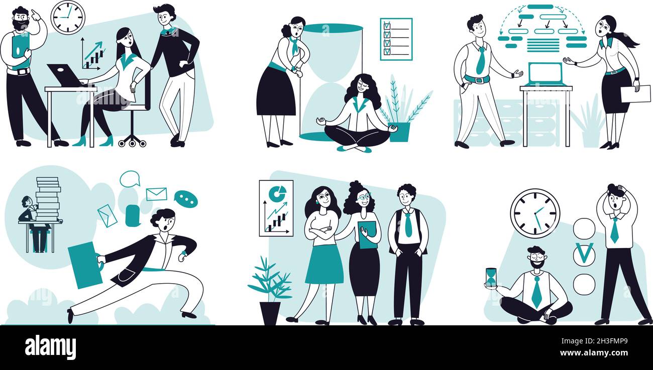 Gestione del tempo riuscita. Attività lavorativa, pianificazione dell'ufficio e calendario. Organizzazione del luogo di lavoro, scene vettoriali produttive e dignitose persone aziendali Illustrazione Vettoriale