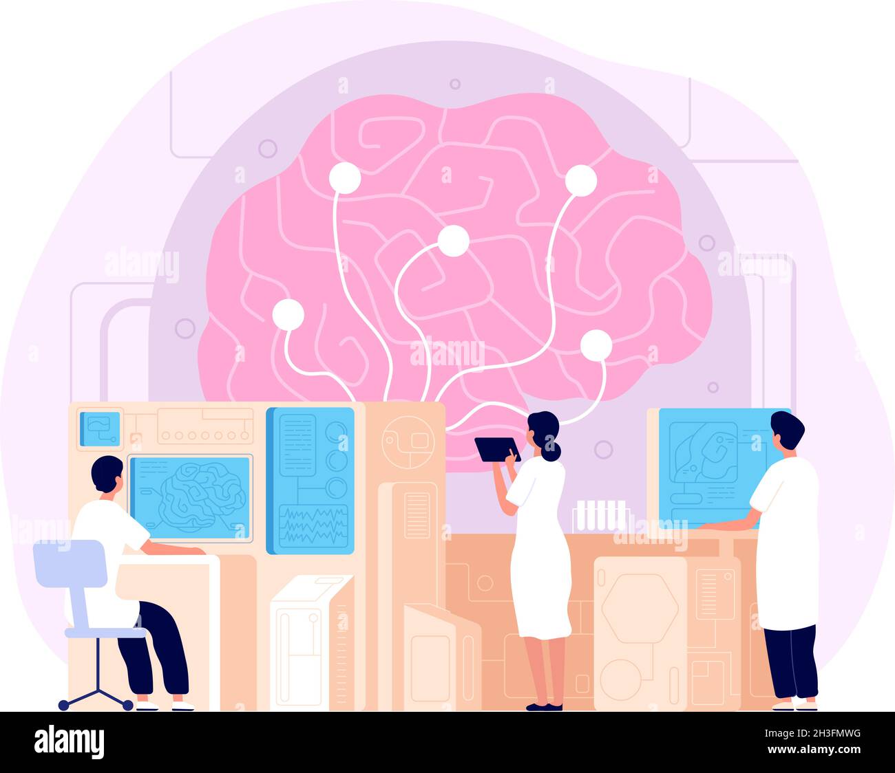 Neurologia. Ricerca attiva sul lavoro, psicologia malattia esploratore. Educazione neurologica professionale, concetto di vettore di studio utter del cervello umano Illustrazione Vettoriale