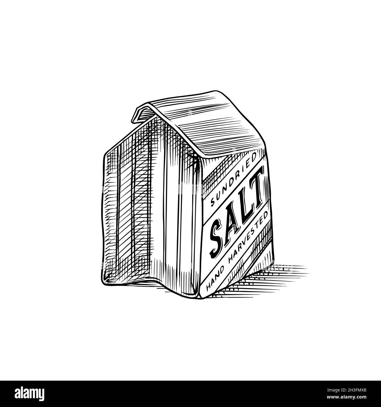 Sale marino nella confezione. Mucchi di semi nella ciotola. Spicein un vaso. Aromatizzante o salino. Banner vintage background. Vecchio schizzo inciso a mano. Illustrazione Vettoriale