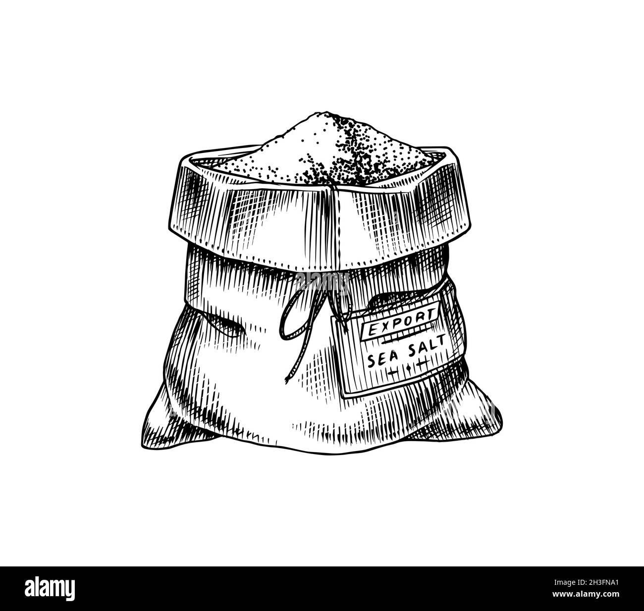 Sacca di sale marino. Spezia in imballaggi naturali. Aromatizzante o salino. Banner vintage background. Vecchio schizzo inciso a mano. Illustrazione Vettoriale