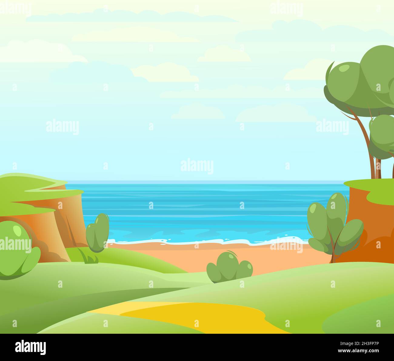 Spiaggia di mare. Stagione estiva. Lontano è l'orizzonte dell'oceano. Tempo calmo. Illustrazione in stile piatto. Vettore. Illustrazione Vettoriale