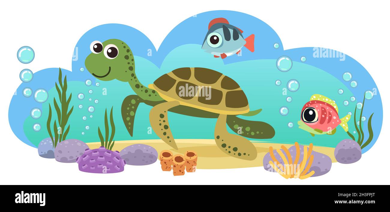Tartaruga e pesci. Piccolo paesaggio. Vita subacquea. Animali selvatici. Oceano, mare. Acqua estiva. Isolato su sfondo bianco. Illustrazione in cartoon Illustrazione Vettoriale