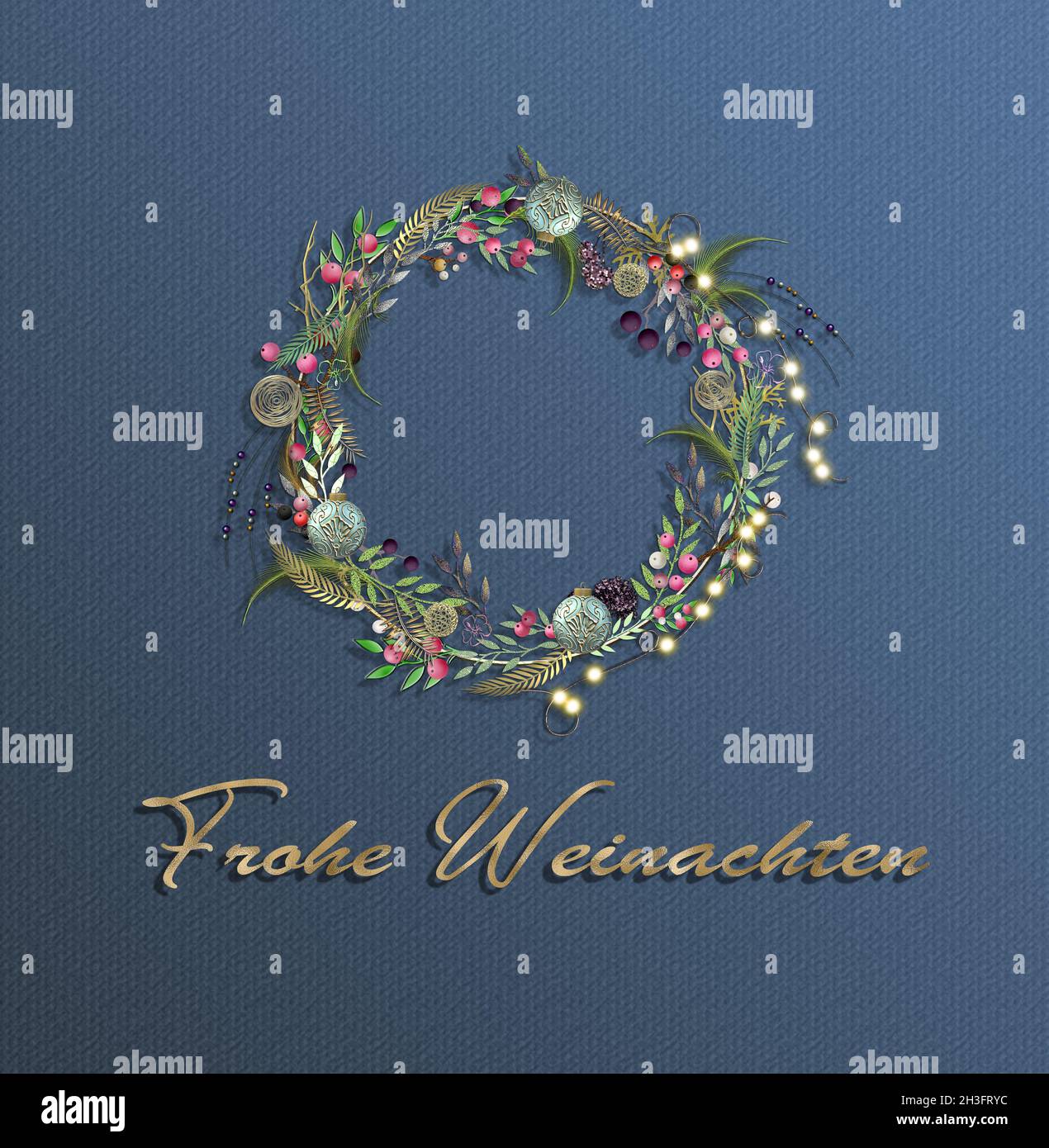 Testo Tedesco Frohe Weihnachten traduzione Inglese auguri di buon Natale in  lingua tedesca su sfondo blu scuro con corona floreale di Natale e  decorazione festiva, 3D illustrazione Foto stock - Alamy