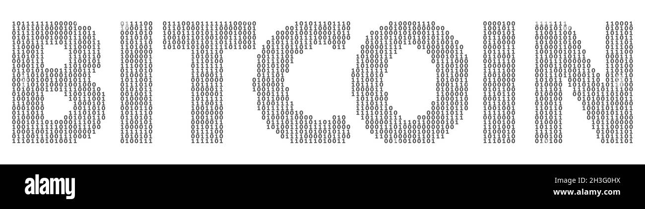 Parola 'Bitcoin' con effetto mezzitoni. Ogni lettera composta da zeri e una. Grafica vettoriale Illustrazione Vettoriale