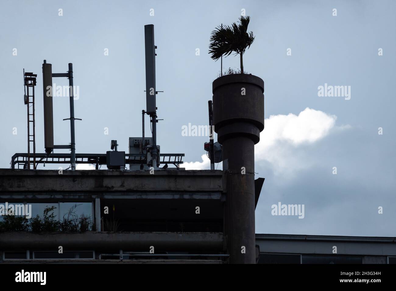 Bizzarro tetto di un edificio residenziale con antenne e palme a Medellin, Colombia Foto Stock