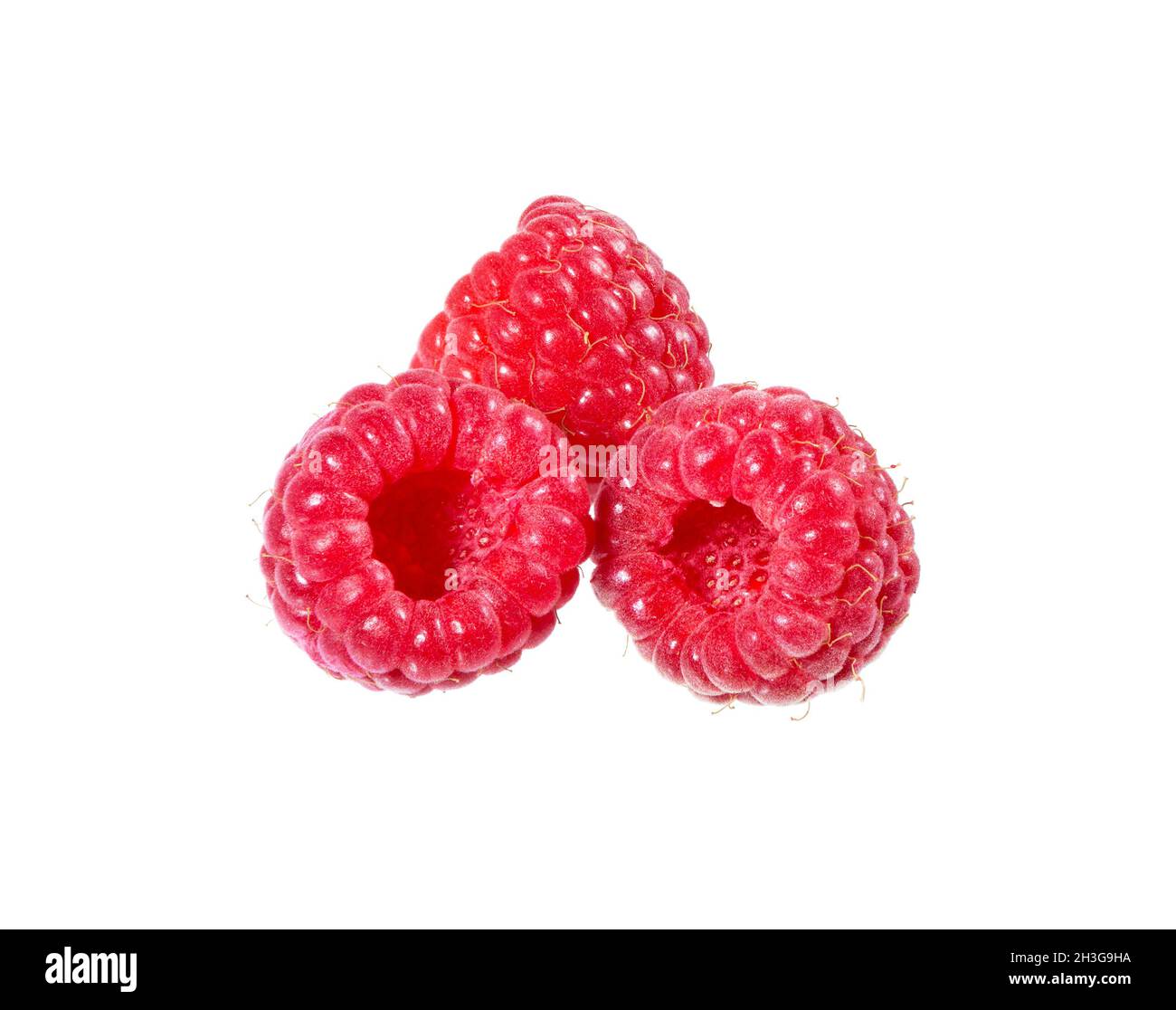 Bacche di Raspberri con foglie isolate su sfondo bianco. Frutti rossi maturi di lamponi da vicino. Raccolta. Foto Stock
