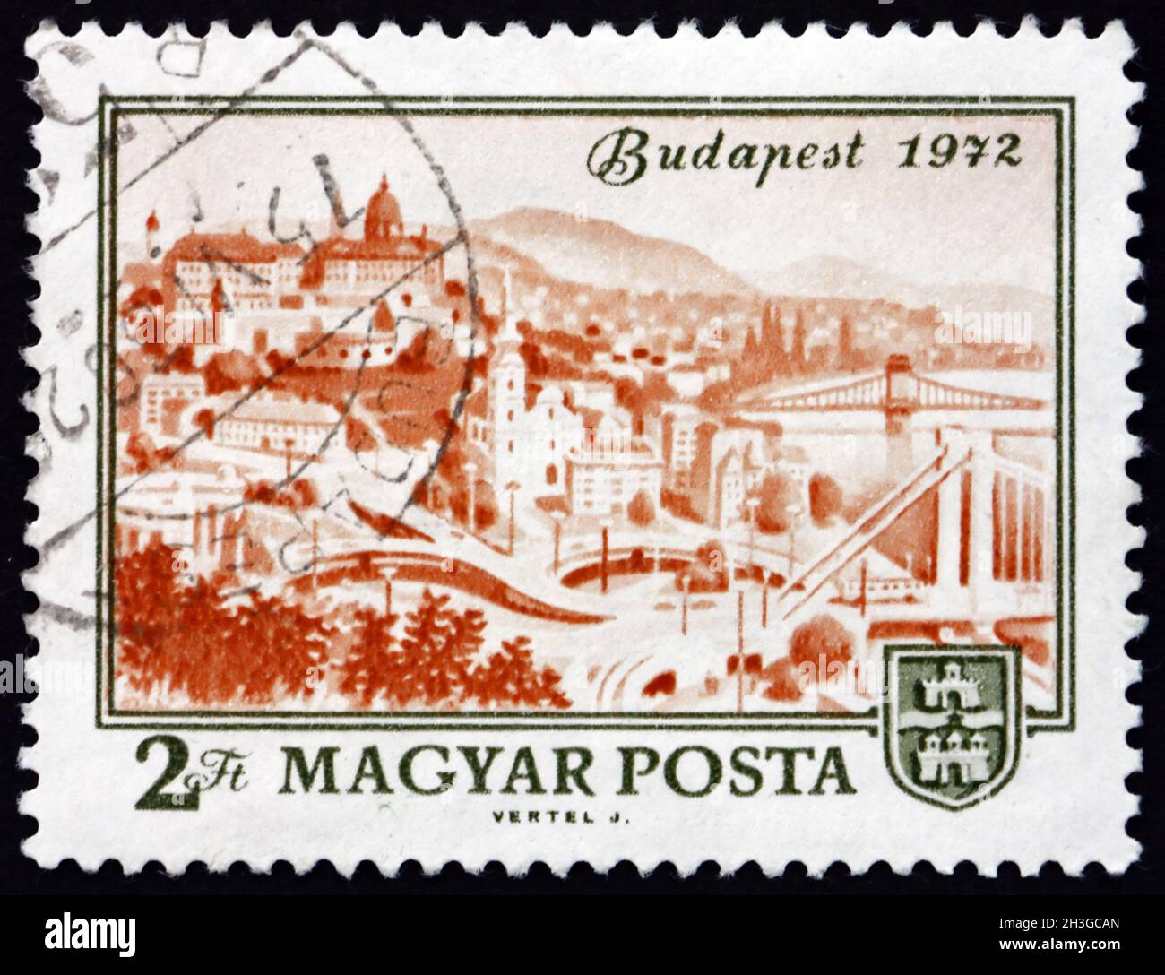 UNGHERIA - CIRCA 1972: Un francobollo stampato in Ungheria mostra Budapest, 1972, Centenario dell'unificazione di Obuda, Buda e Pest in Budapest, circa 1972 Foto Stock