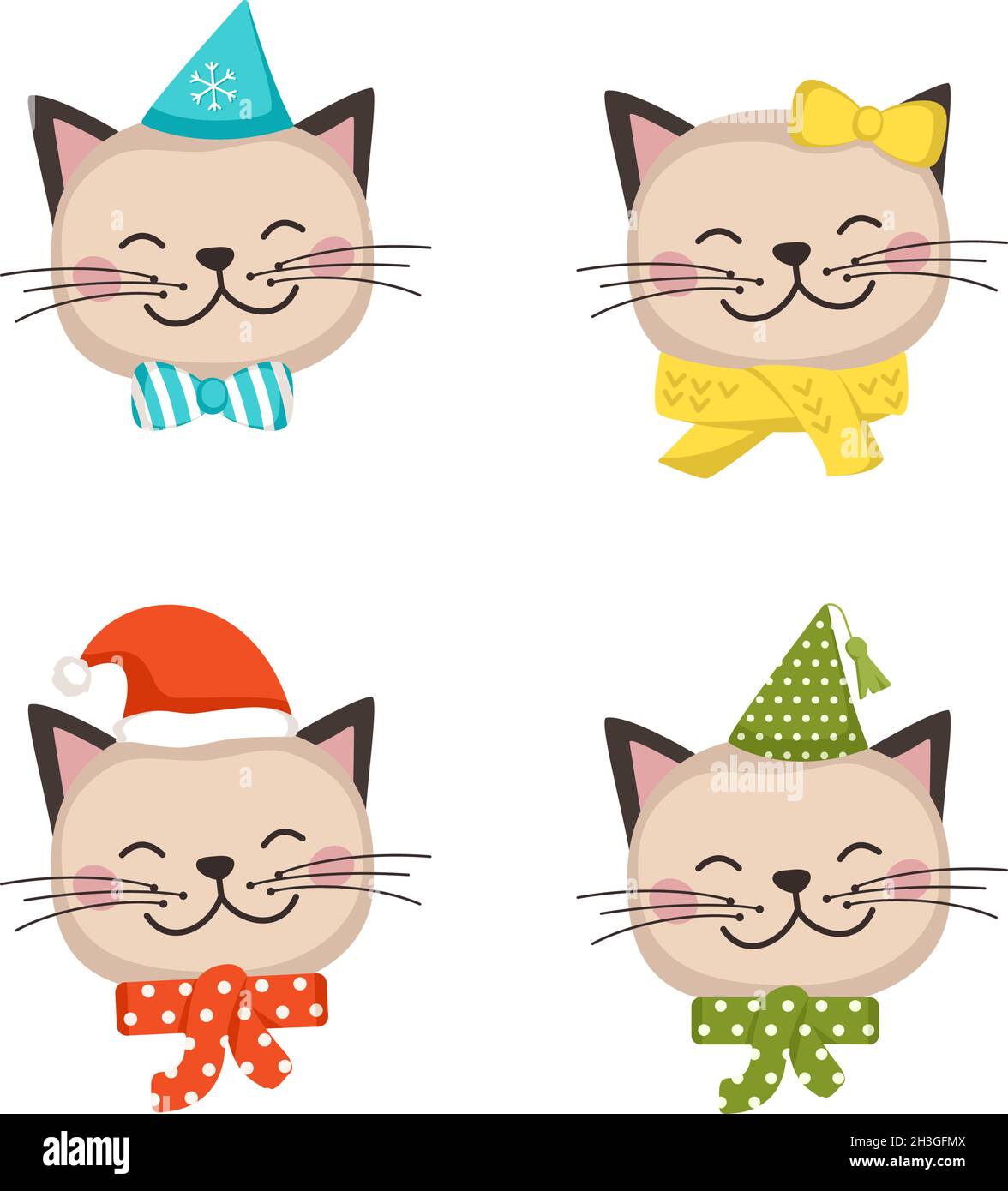 Set di carino gatto in stile bambini con decorazioni natalizie per le feste, Capodanno e Natale. Animali divertenti con cappellini e archi. Illustrazione piatta vettoriale Illustrazione Vettoriale