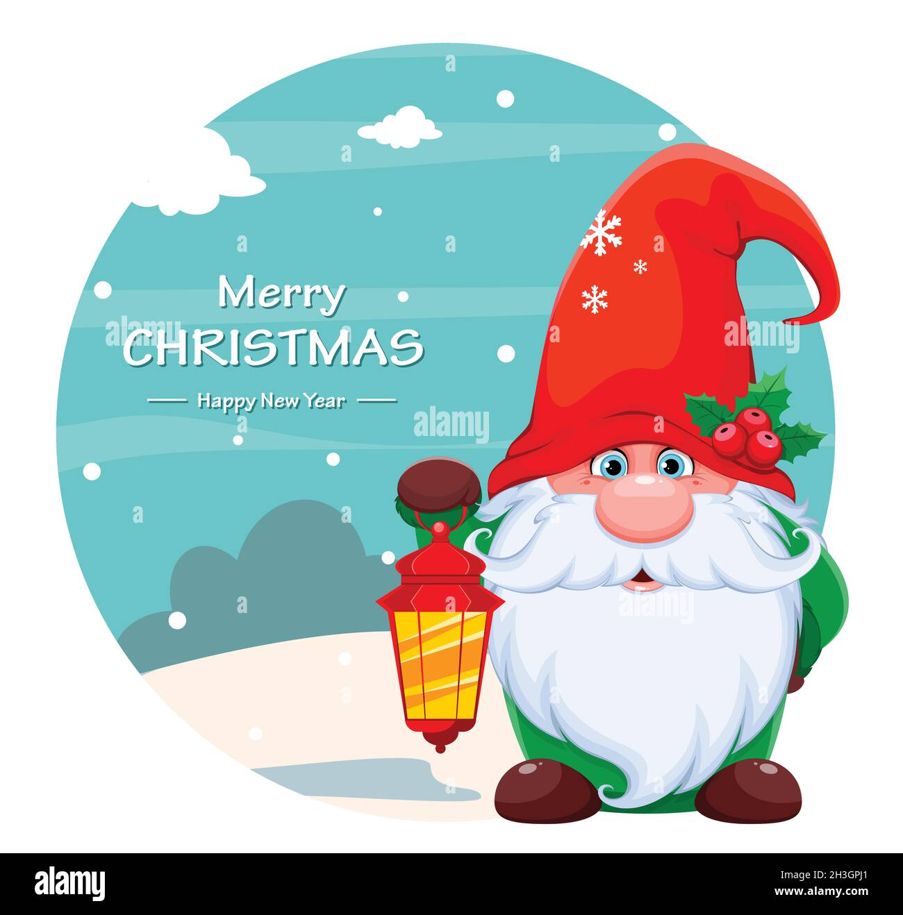 Buon Natale e felice anno nuovo biglietto di auguri con divertente gnome tenendo lanterna. Nana carina nel personaggio cartoon rosso cappello. Illustrazione del vettore di scorta Illustrazione Vettoriale