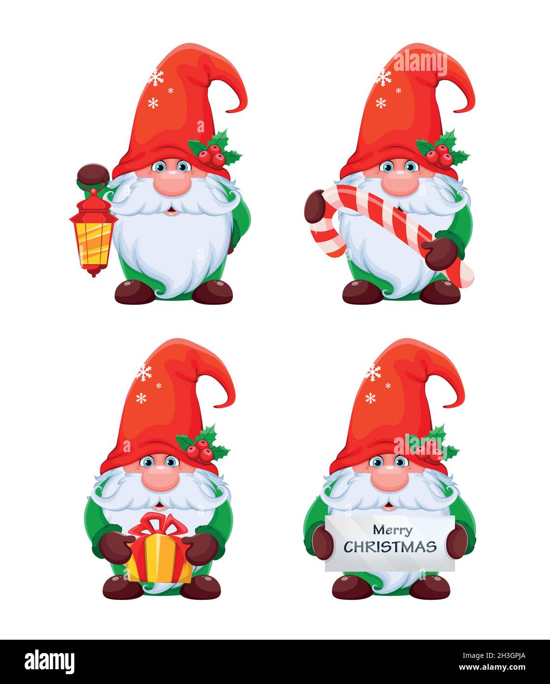 Divertente gnome, insieme di quattro pose. Nana carina nel personaggio cartoon rosso cappello. Buon Natale e Felice Anno Nuovo. Illustrazione del vettore di scorta Illustrazione Vettoriale