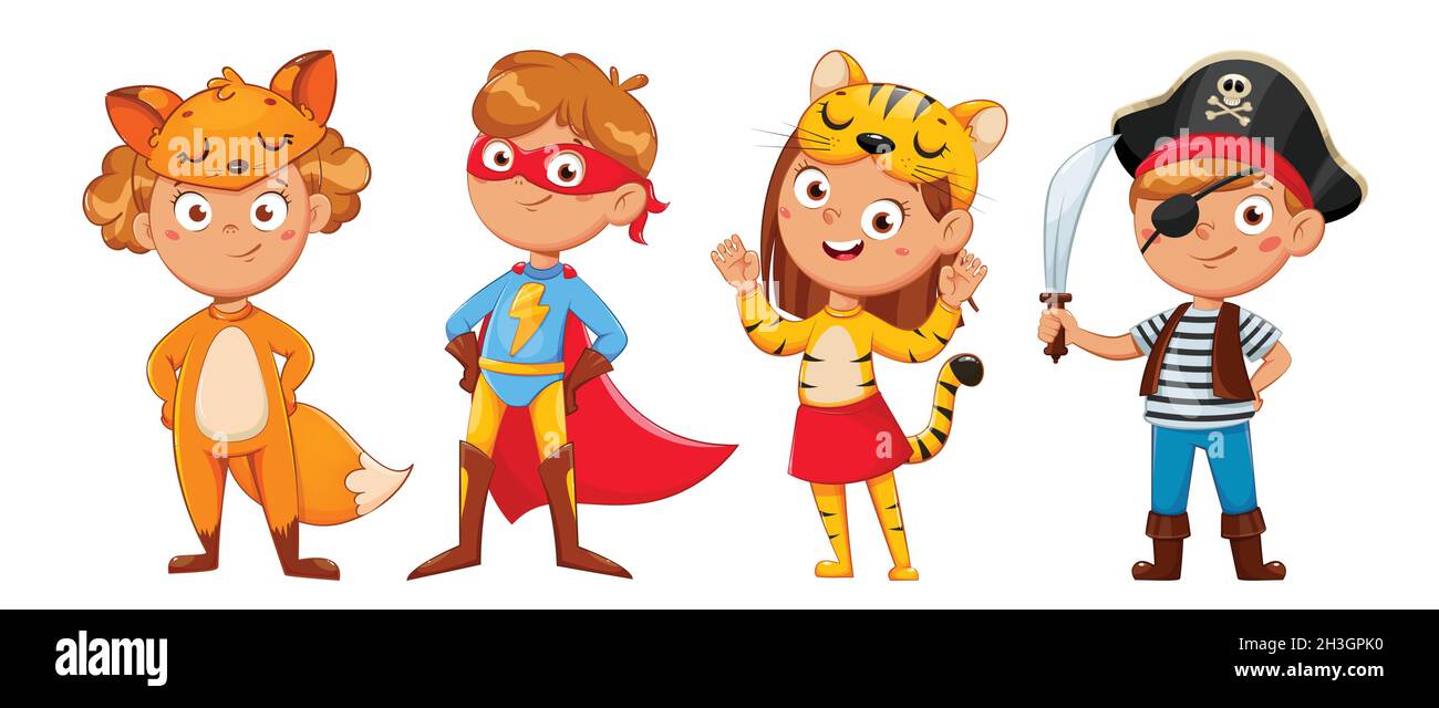 Bambini in costumi di carnevale per Natale e altre vacanze. Simpatici  personaggi cartoni animati per bambini. Ragazza foxy, ragazzo supereroe,  ragazza tigre, ragazzo pirata. Scorta Immagine e Vettoriale - Alamy