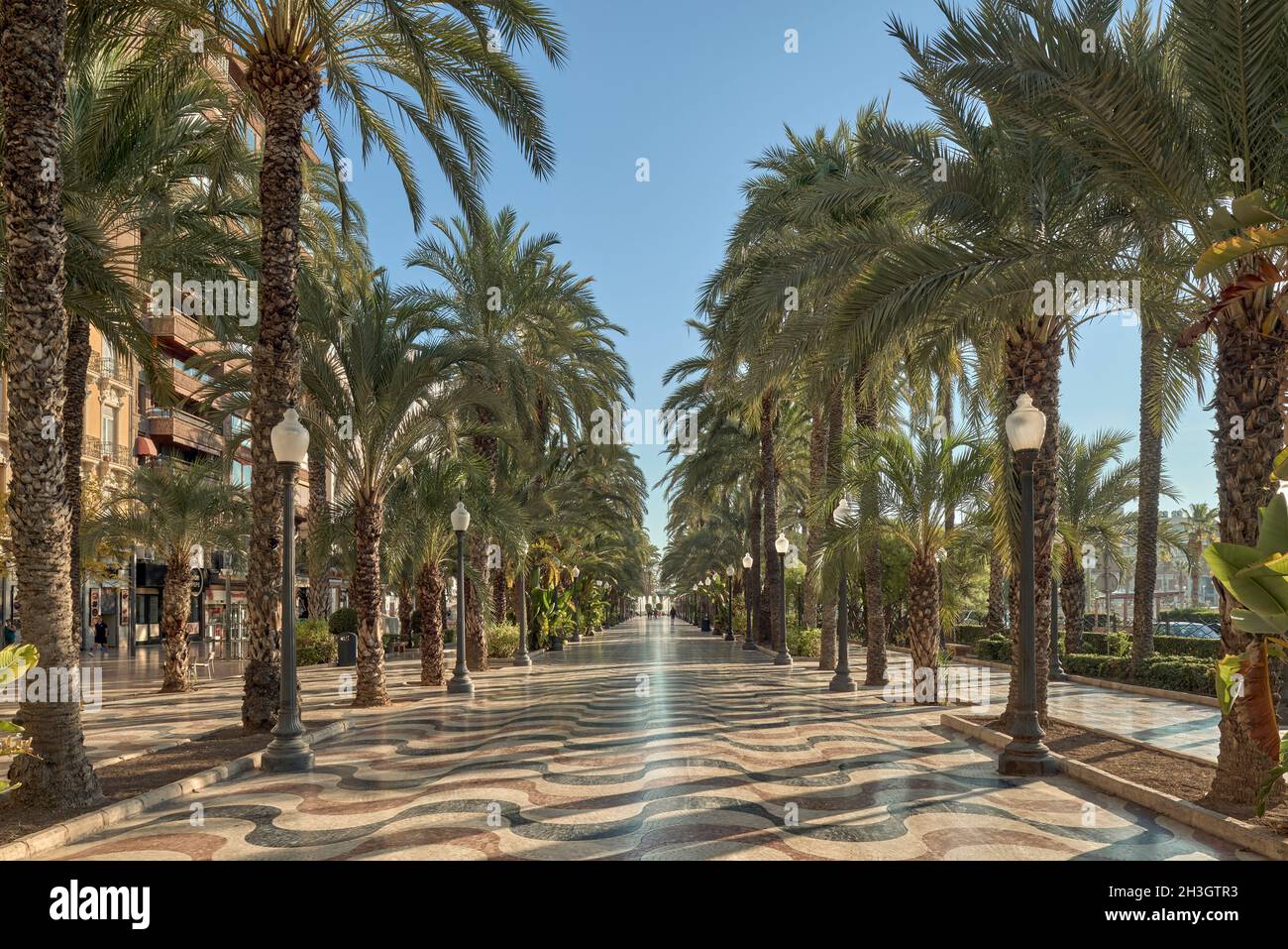 Alacant, la Explanada de España ad Alicante, Spagna con il suo design ondulato Foto Stock