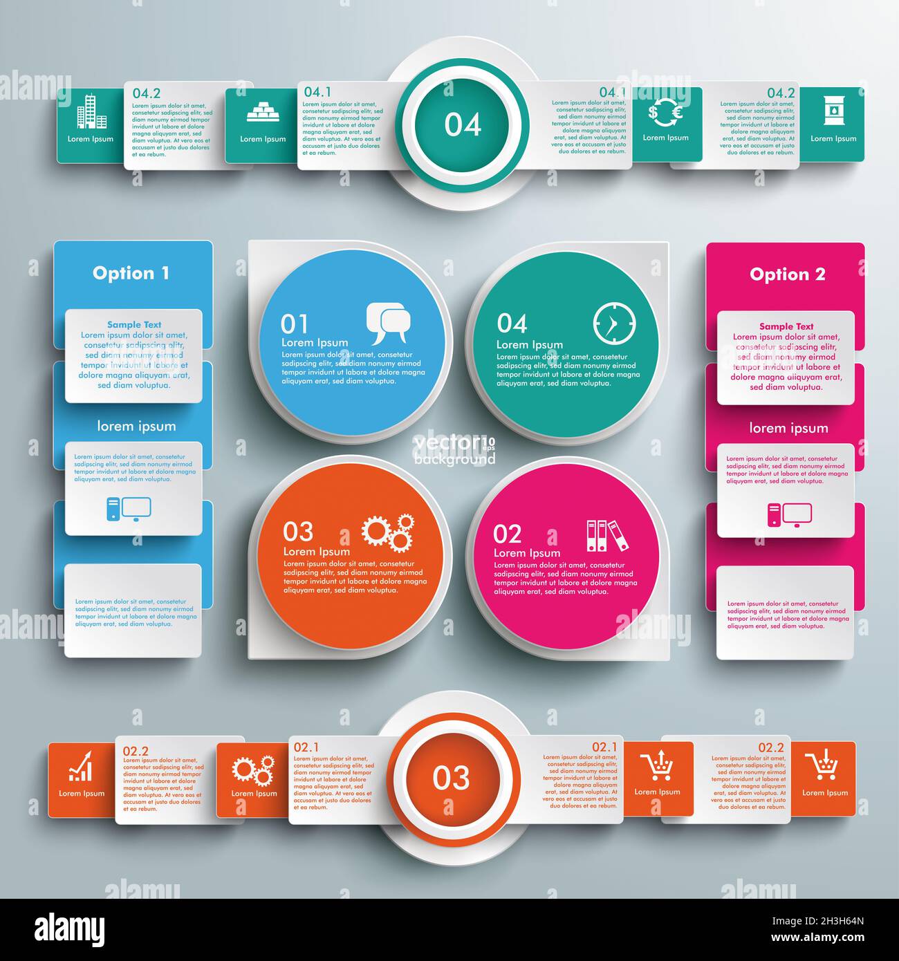 Grandi gocce infografiche cerchi rettangoli in batch Foto Stock