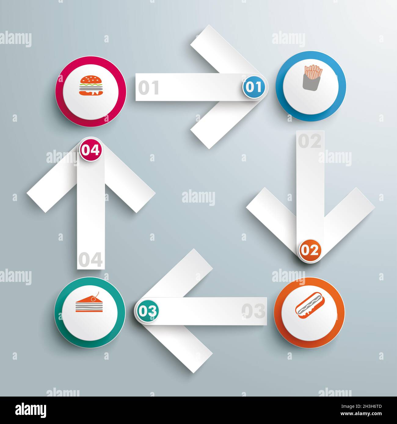 4 frecce bianche Infografica Fatty Food Piad Foto Stock