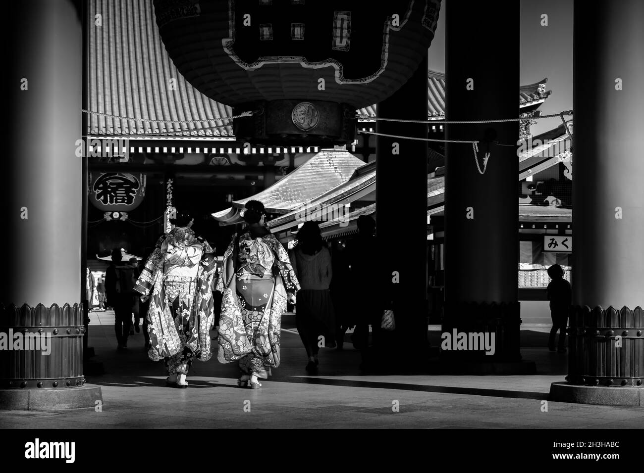 Due donne, vestite in kimono formale, passano vicino ad un tempio di Tokyo, Giappone. Foto Stock