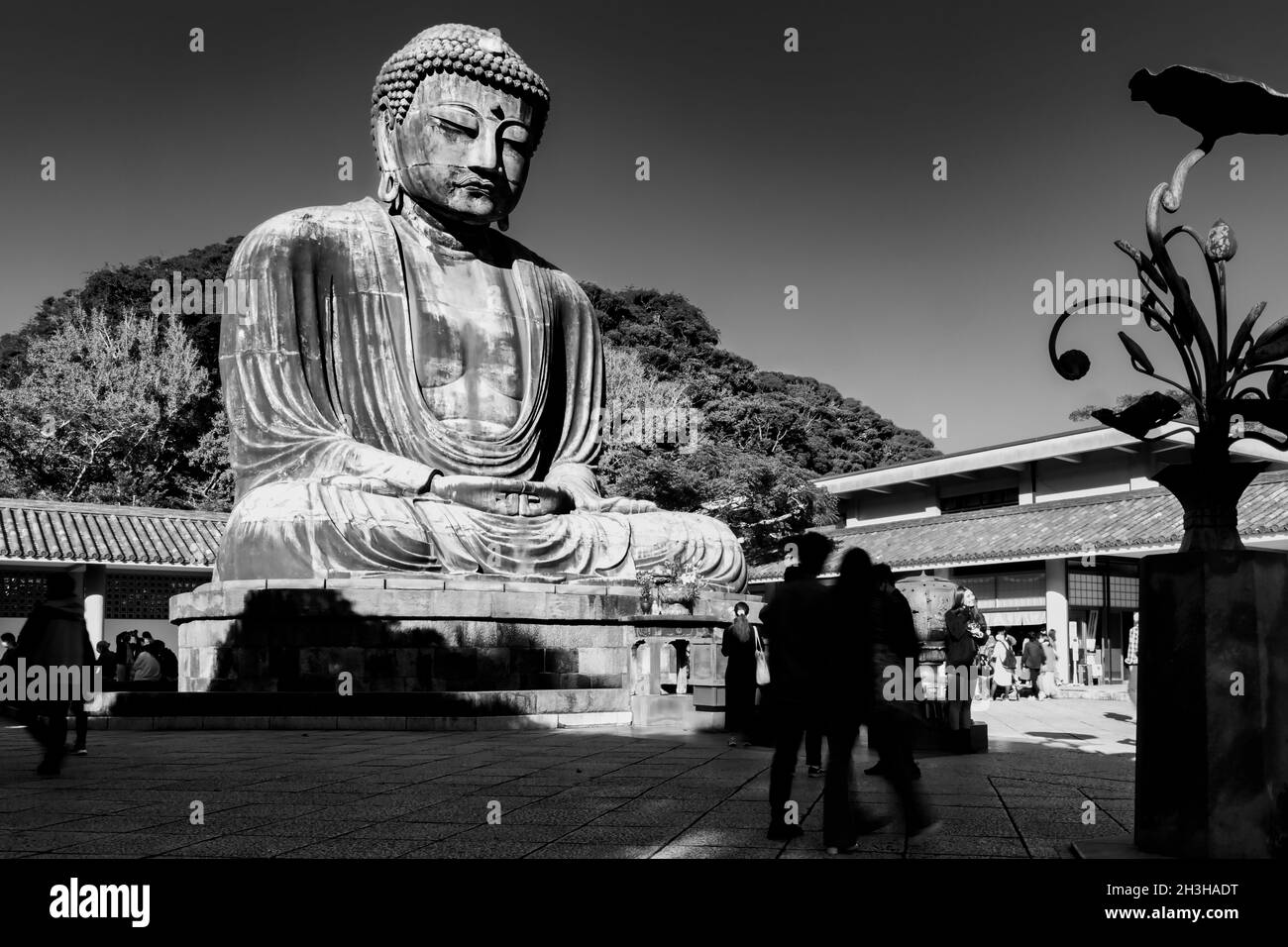 Alcuni turisti in piedi intorno al Grande Buddha, o Kamakura Daibutsu, la statua alta 43 piedi e 103 tonnellate è stata completata nel 1252 e si erge a Kamakur Foto Stock