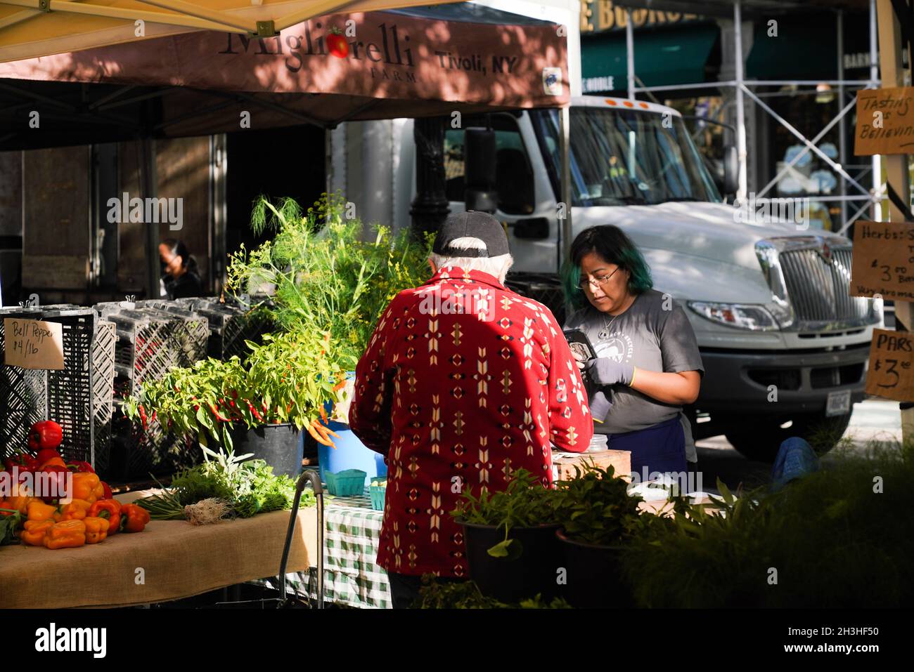 I newyorkesi godono gli ultimi giorni dell'estate, dello shopping e della selezione della varietà di prodotti freschi offerti dagli agricoltori locali al mercato di Union Square. Foto Stock