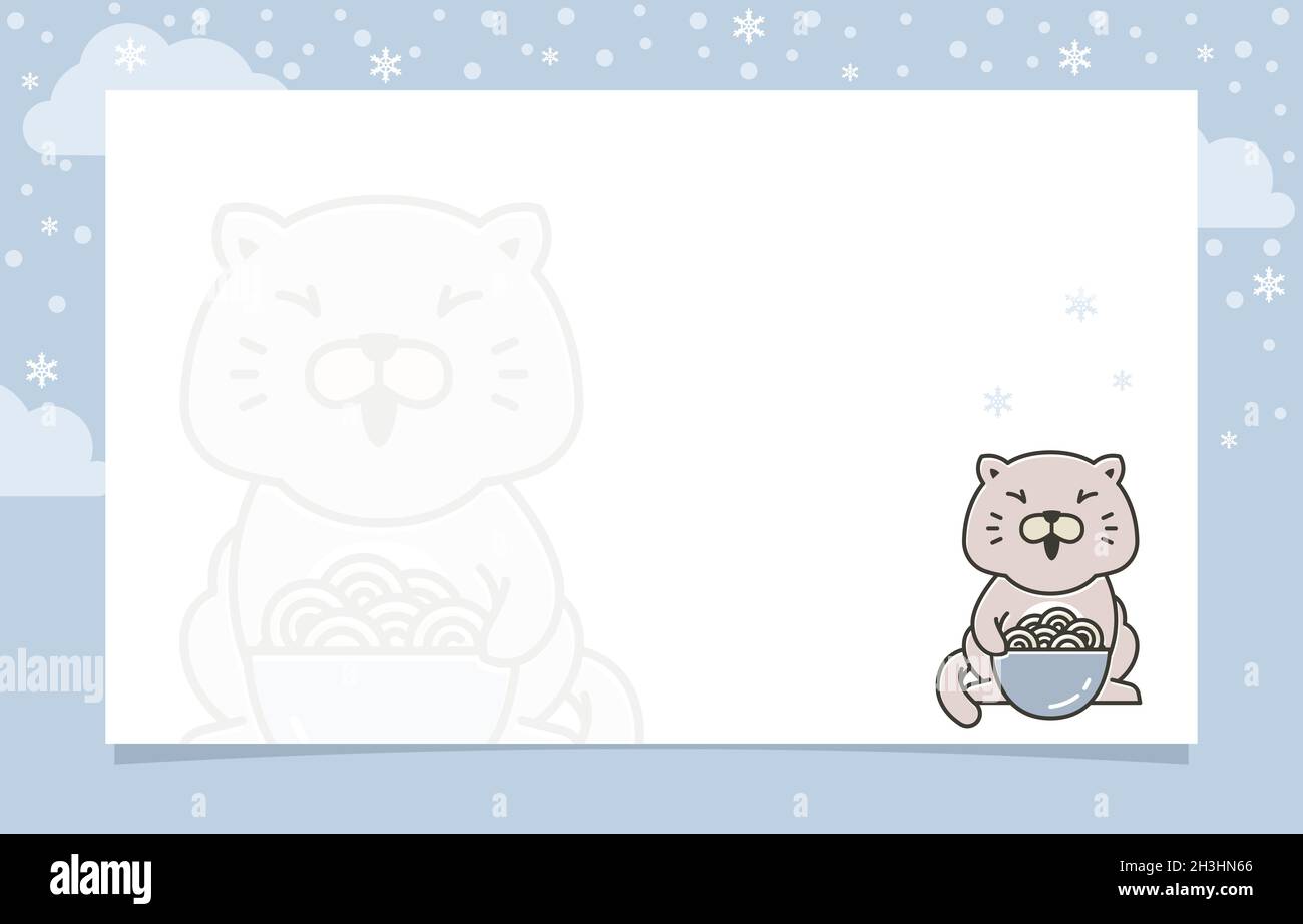 Modello di sfondo della cornice della scheda di invito di festa di Gatto che mangia il fiocco di neve d'inverno Illustrazione Vettoriale