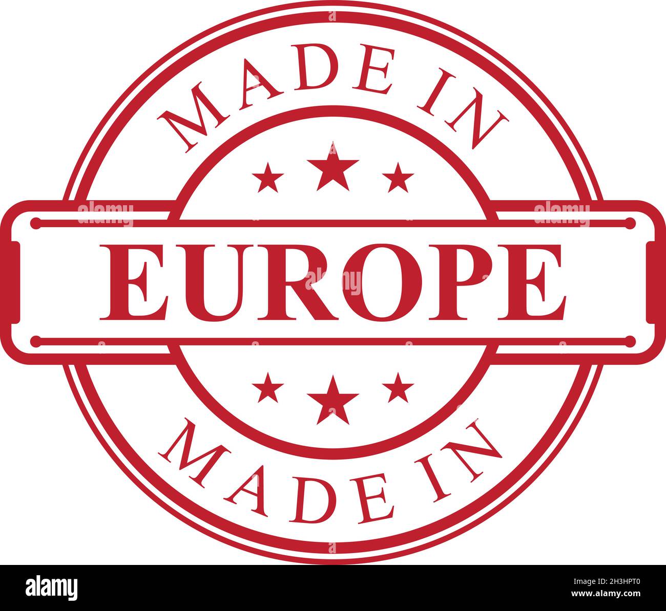 Icona etichetta Made in Europe con emblema di colore rosso su sfondo bianco. Elemento di design con logo di qualità vettoriale. Illustrazione vettoriale EPS.8 EPS.10 Illustrazione Vettoriale