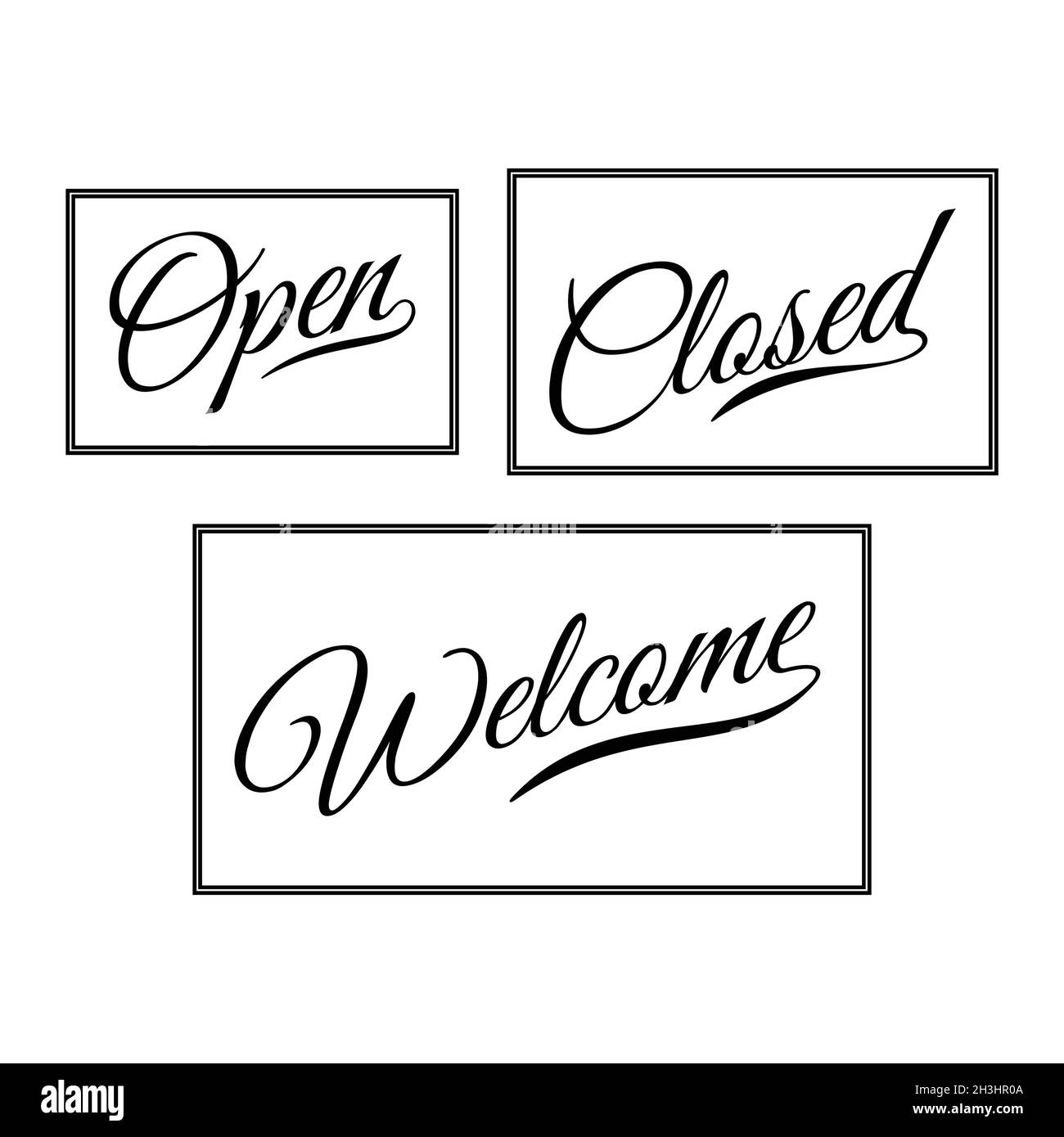 Scritta aperta chiusa e cartello di benvenuto per il design degli elementi. Illustrazione vettoriale EPS.8 EPS.10 Illustrazione Vettoriale